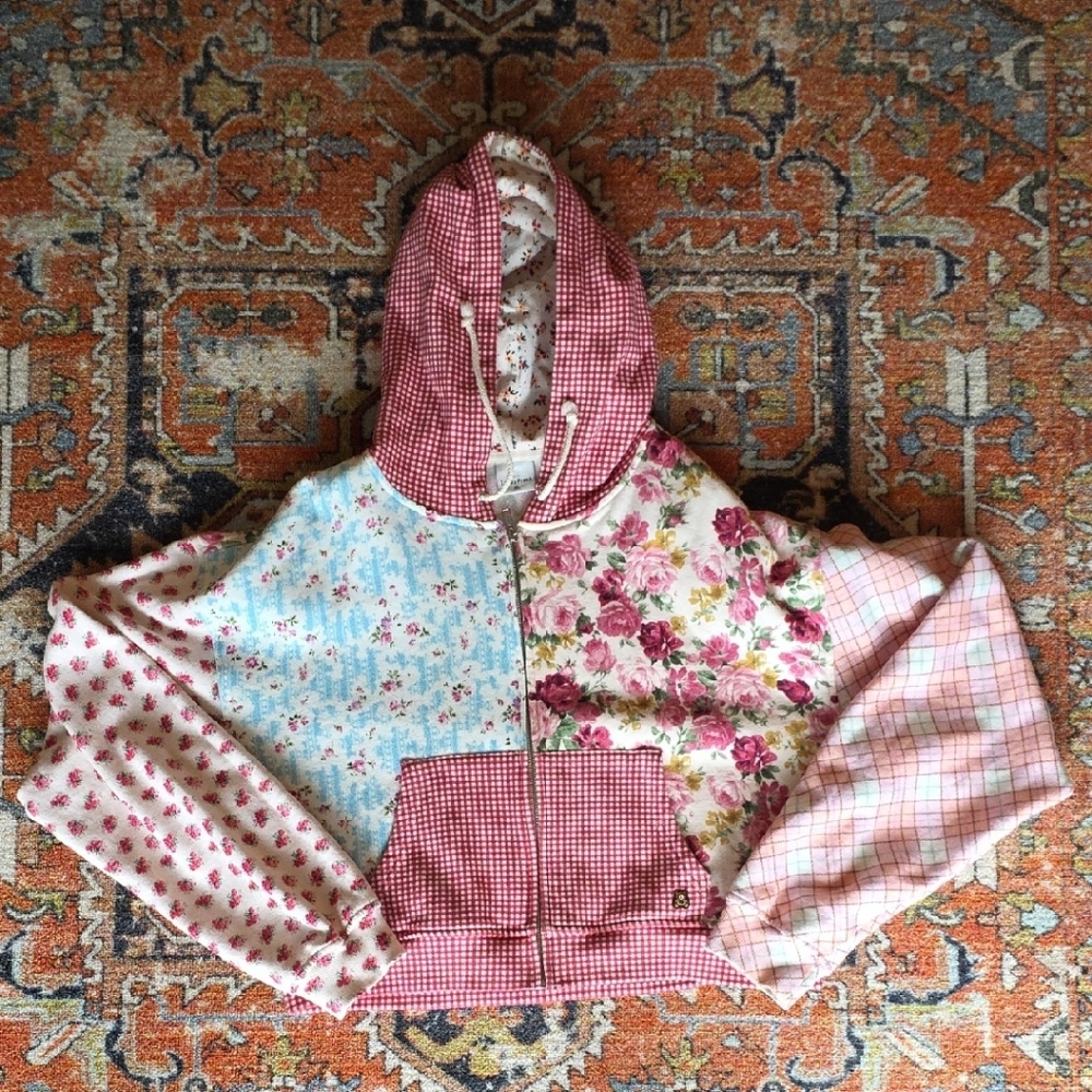 Teddy Fresh Pink Patchwork Cropped Zip-Up Hoodie Extra Large XL